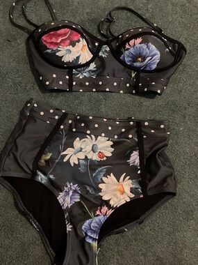 Unknown Brand Black Floral High-Waist Bikini Set